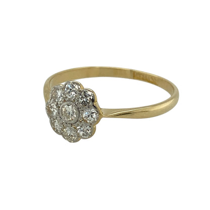 Add striking vintage charm and timeless elegance to your jewellery collection with this pre-owned 18ct yellow gold and platinum set diamond Art Deco style flower cluster ring, showcasing classic design with refined sparkle—perfect for collectors or special occasions.

Design: The ring features a flower-inspired cluster arrangement in an Art Deco style, forming a bold front measuring approximately 9mm in height and creating a distinctive focal point.