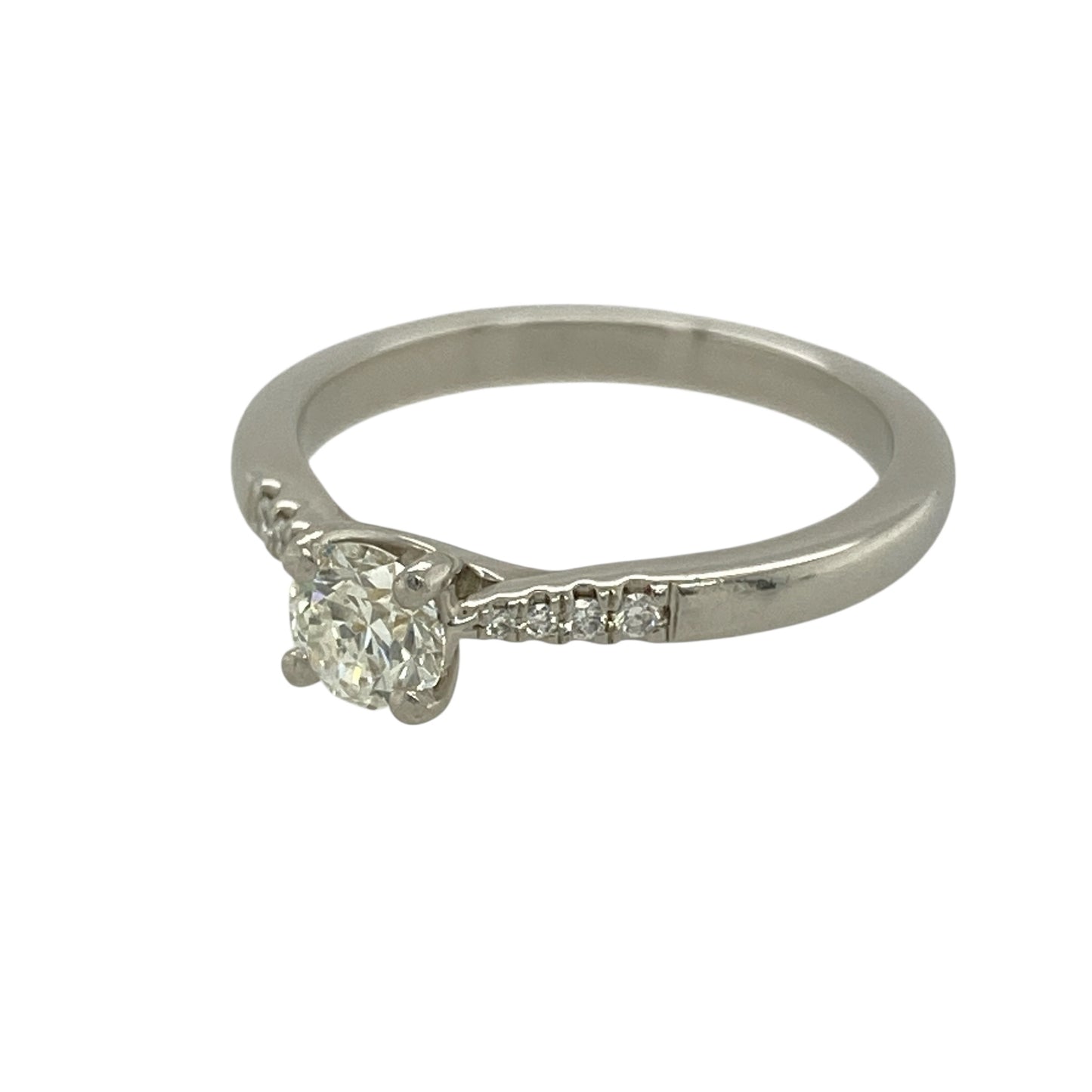 Add timeless luxury and refined sparkle to your jewellery collection with this pre-owned platinum and diamond set solitaire ring, offering a classic design with elegant detailing—perfect for engagements or special occasions.

Design: The ring features a central brilliant-cut diamond as the focal point, complemented by diamond-set shoulders that enhance sparkle and create a beautifully balanced solitaire style.