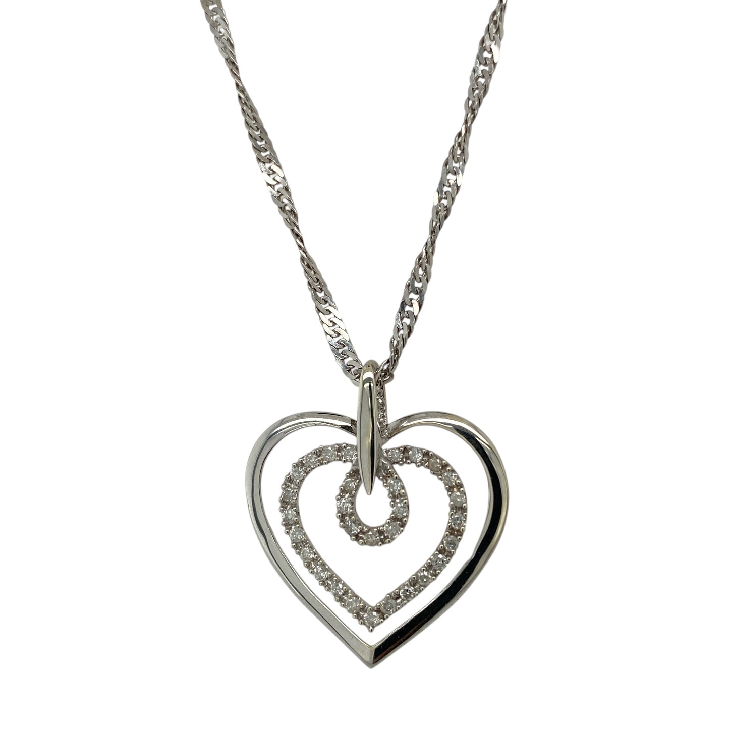 9ct White Gold & Diamond Set Double Open Heart 18" Necklace