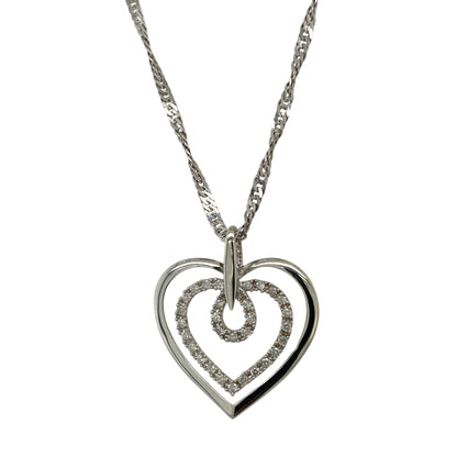 9ct White Gold & Diamond Set Double Open Heart 18" Necklace