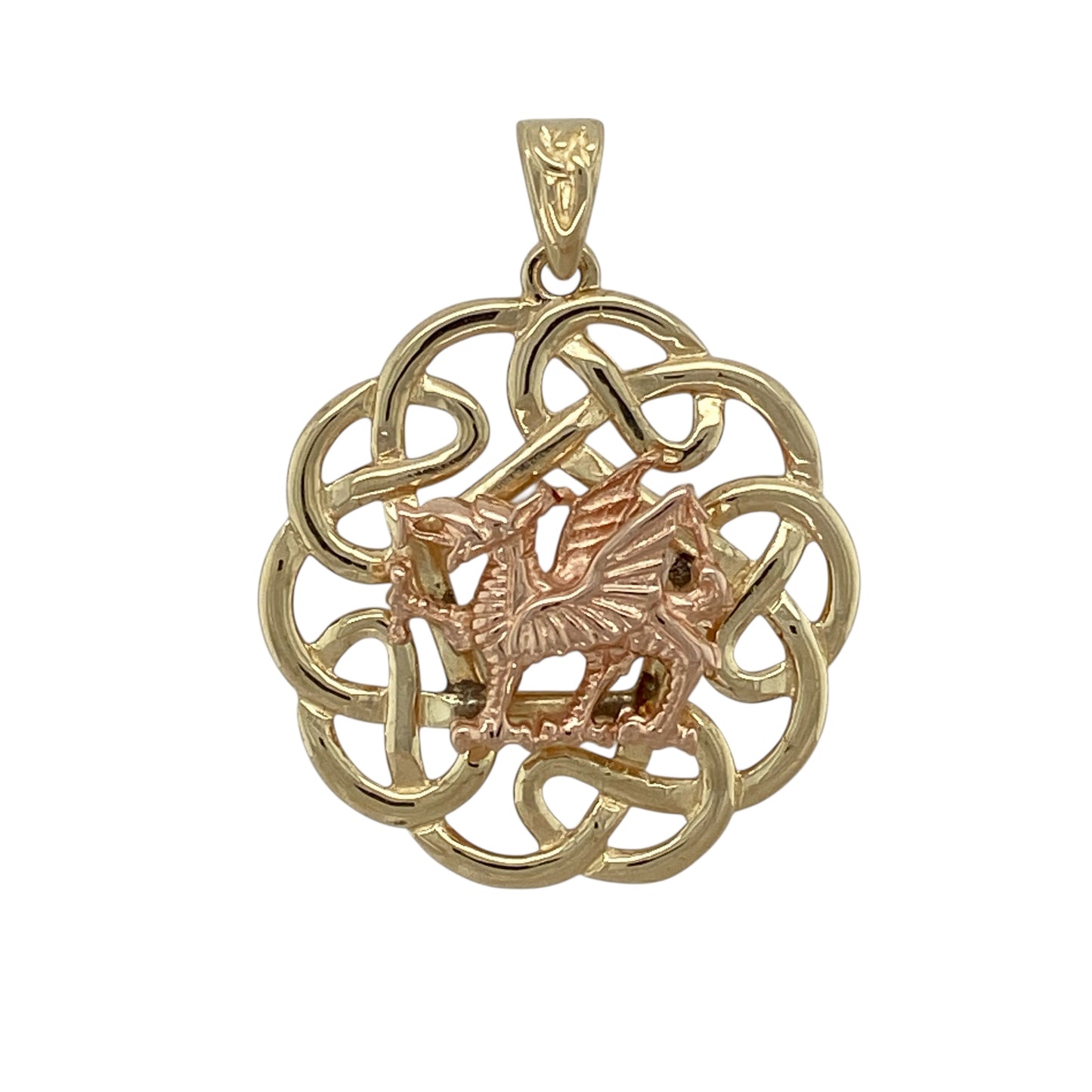 9ct Gold Welsh Dragon Celtic Knot Round Pendant