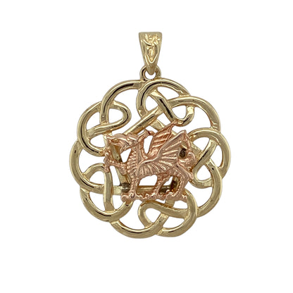 9ct Gold Welsh Dragon Celtic Knot Round Pendant