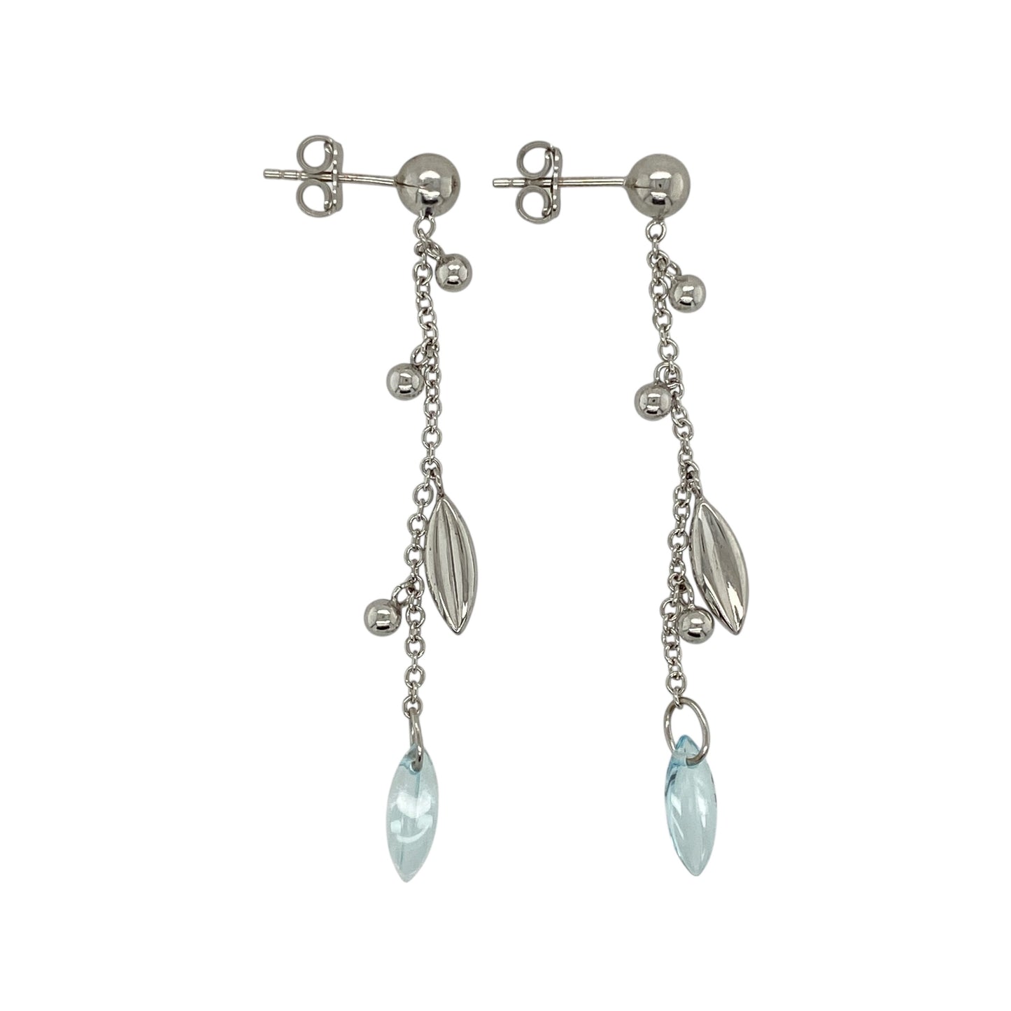 9ct White Gold & Blue Stone Long Chain Drop Earrings