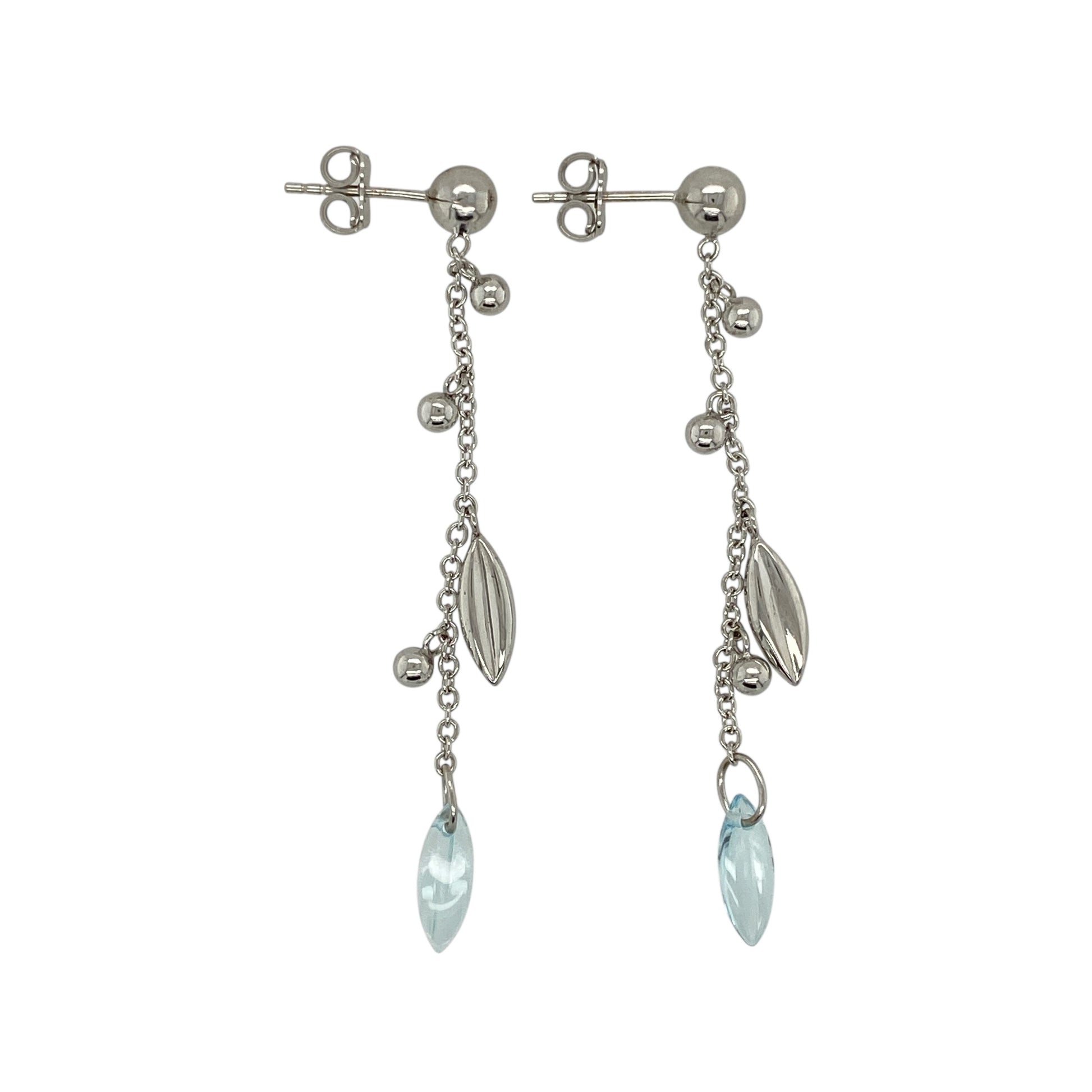 9ct White Gold & Blue Stone Long Chain Drop Earrings