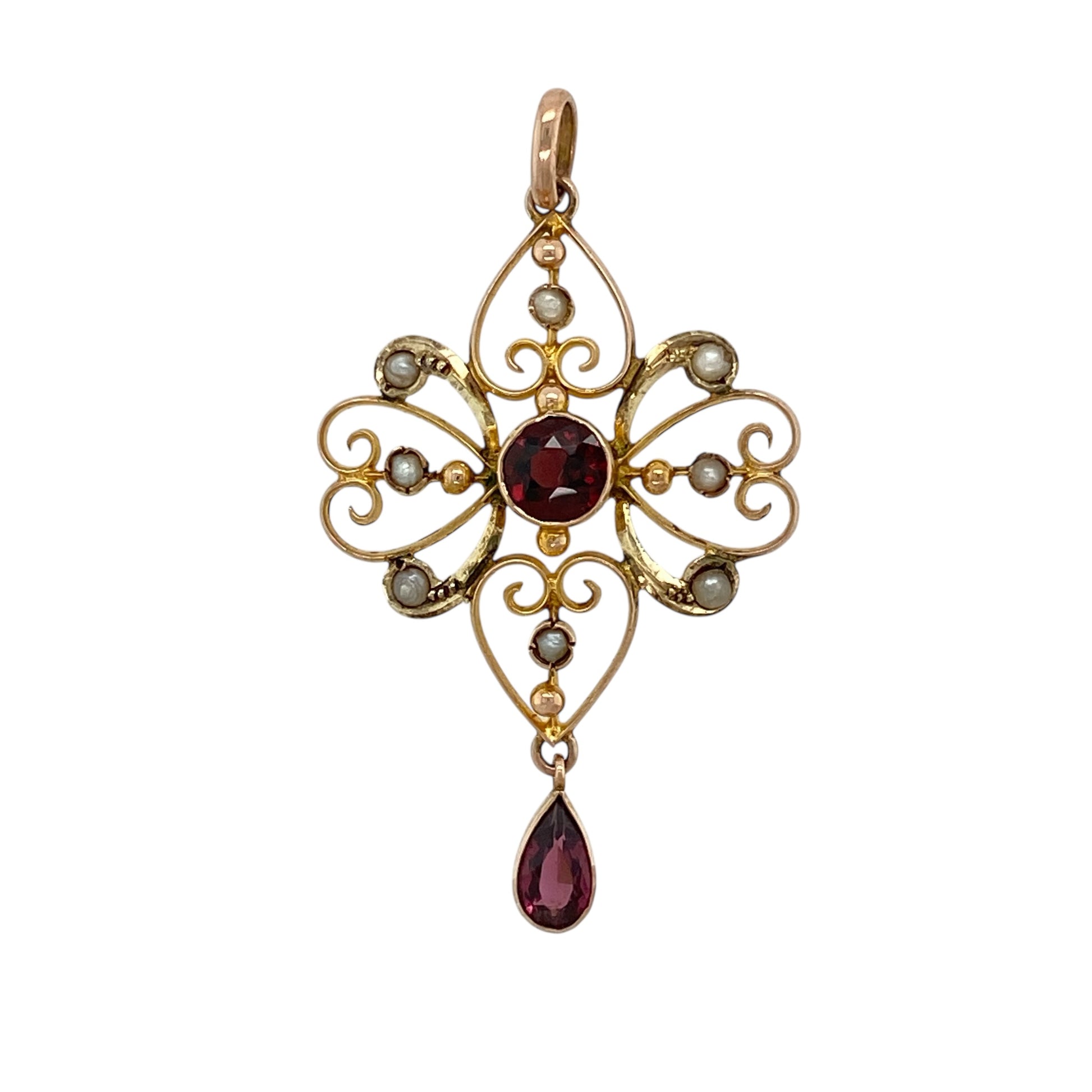 9ct Gold Seed Pearl Pink Tourmaline & Garnet Set Vintage Edwardian Style Pendant