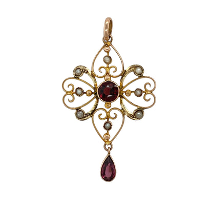 9ct Gold Seed Pearl Pink Tourmaline & Garnet Set Vintage Edwardian Style Pendant