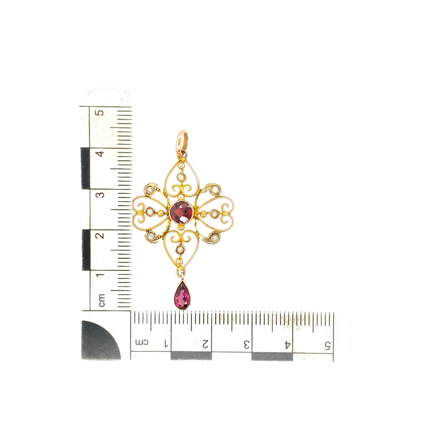 9ct Gold Seed Pearl Pink Tourmaline & Garnet Set Vintage Edwardian Style Pendant