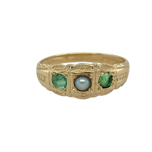 9ct Gold Emerald & Seed Pearl Set Vintage Victorian Ring