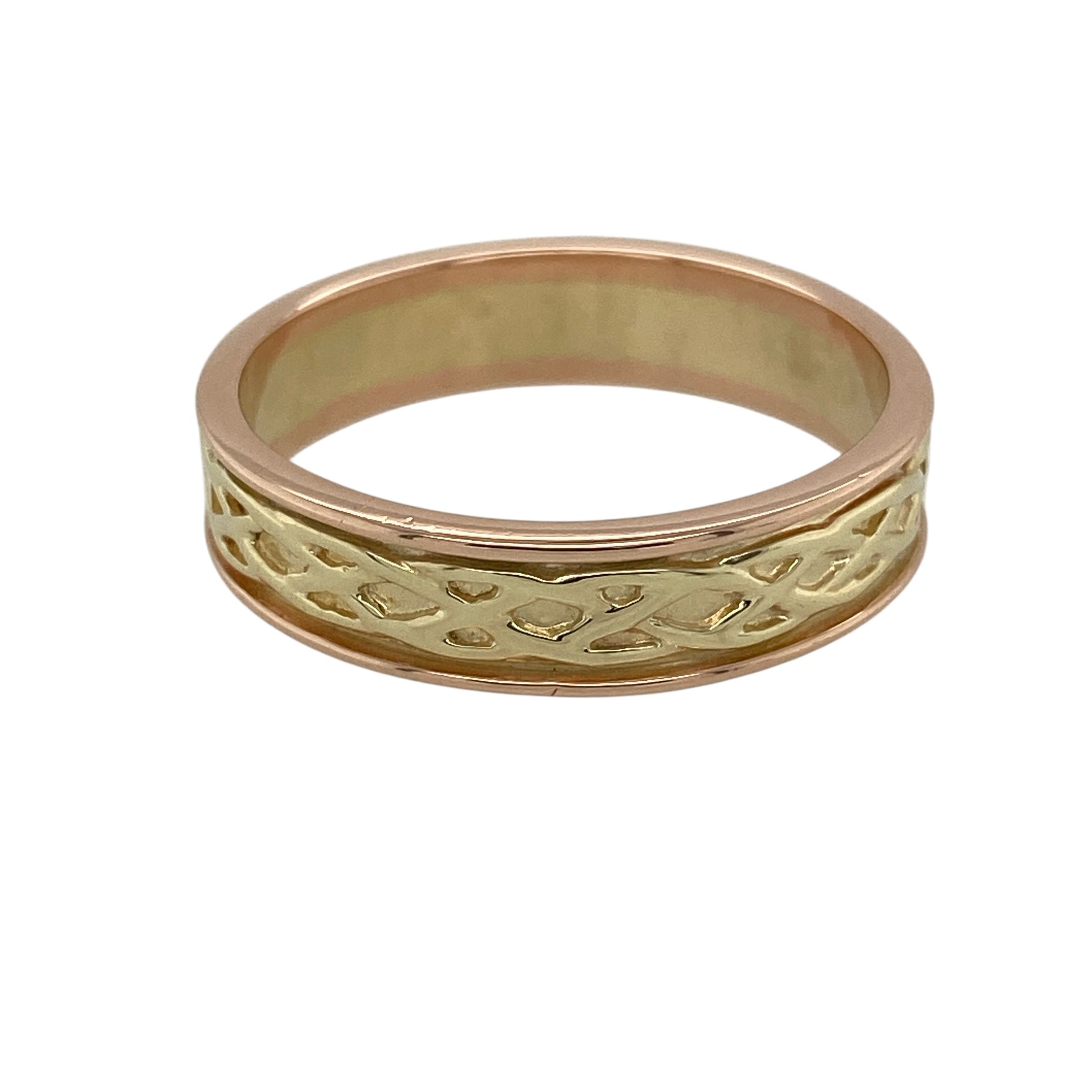 Add bold Celtic heritage and timeless two-tone style to your jewellery collection with this pre-owned 9ct yellow and rose gold Clogau Celtic weave band ring, offering classic design with strong presence—perfect for everyday wear or statement styling.

Design: The ring features an intricate Celtic weave pattern running across the band, measuring approximately 5mm in width, creating a textured and eye-catching look rooted in traditional symbolism.