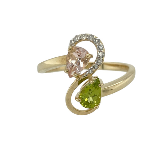 9ct Gold Diamond & Pink and Green Stone Set Ring