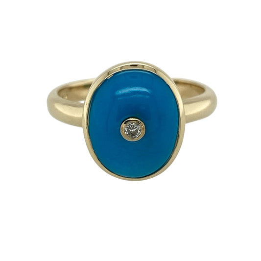 9ct Gold Diamond & Turquoise Coloured Stone Set Ring