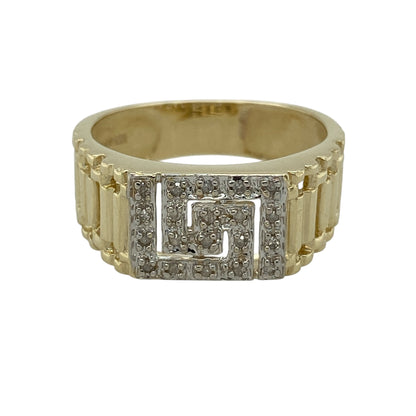 9ct Gold & Diamond Set Greek Key Signet Ring