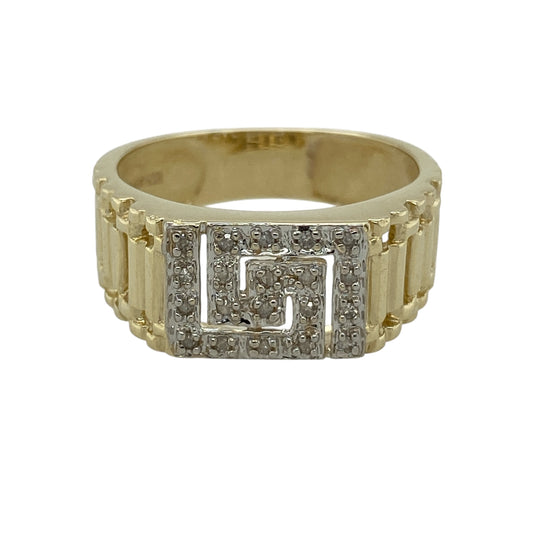 9ct Gold & Diamond Set Greek Key Signet Ring