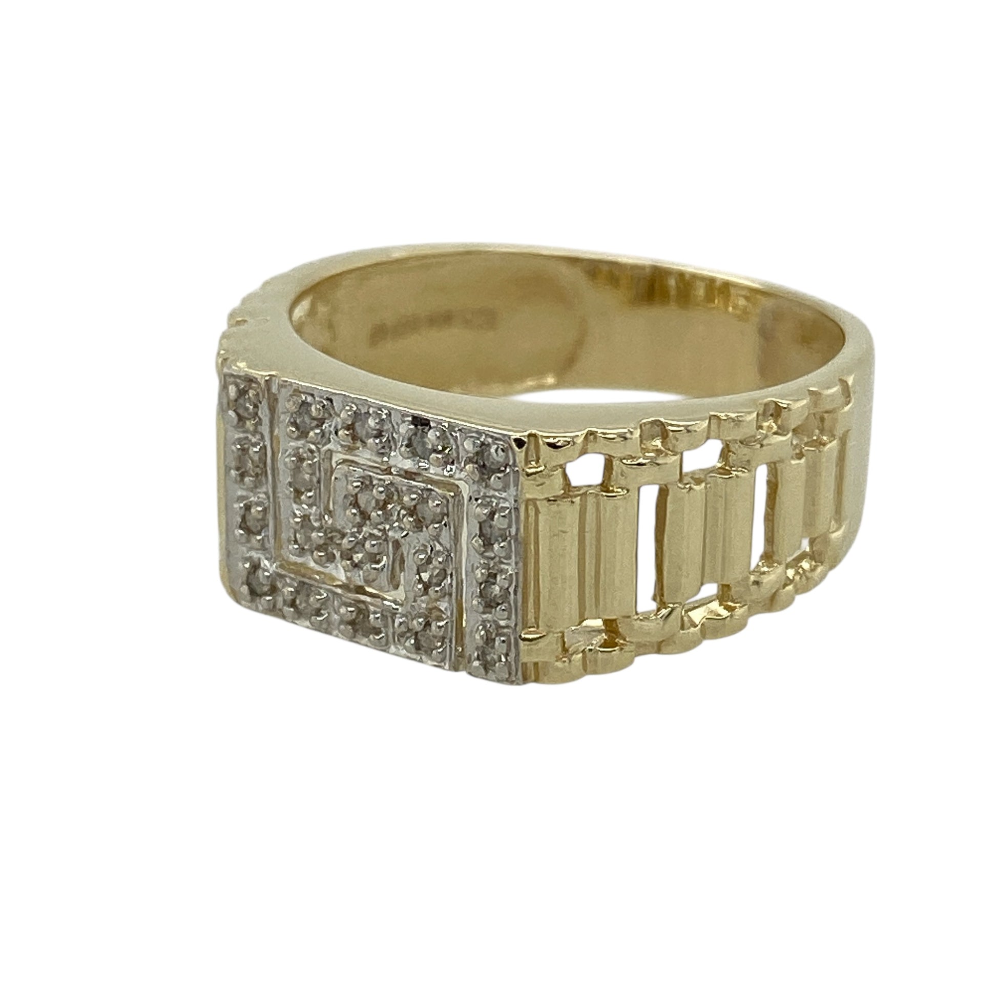 Add bold character and timeless design to your jewellery collection with this pre-owned 9ct yellow and white gold and diamond set Greek key signet ring, offering strong presence with classic detail—perfect for statement wear or everyday style.

Design: The ring features a traditional signet style with a Greek key motif across the front, measuring approximately 9mm in height, paired with distinctive watch-style shoulders for a structured, masculine-inspired look.