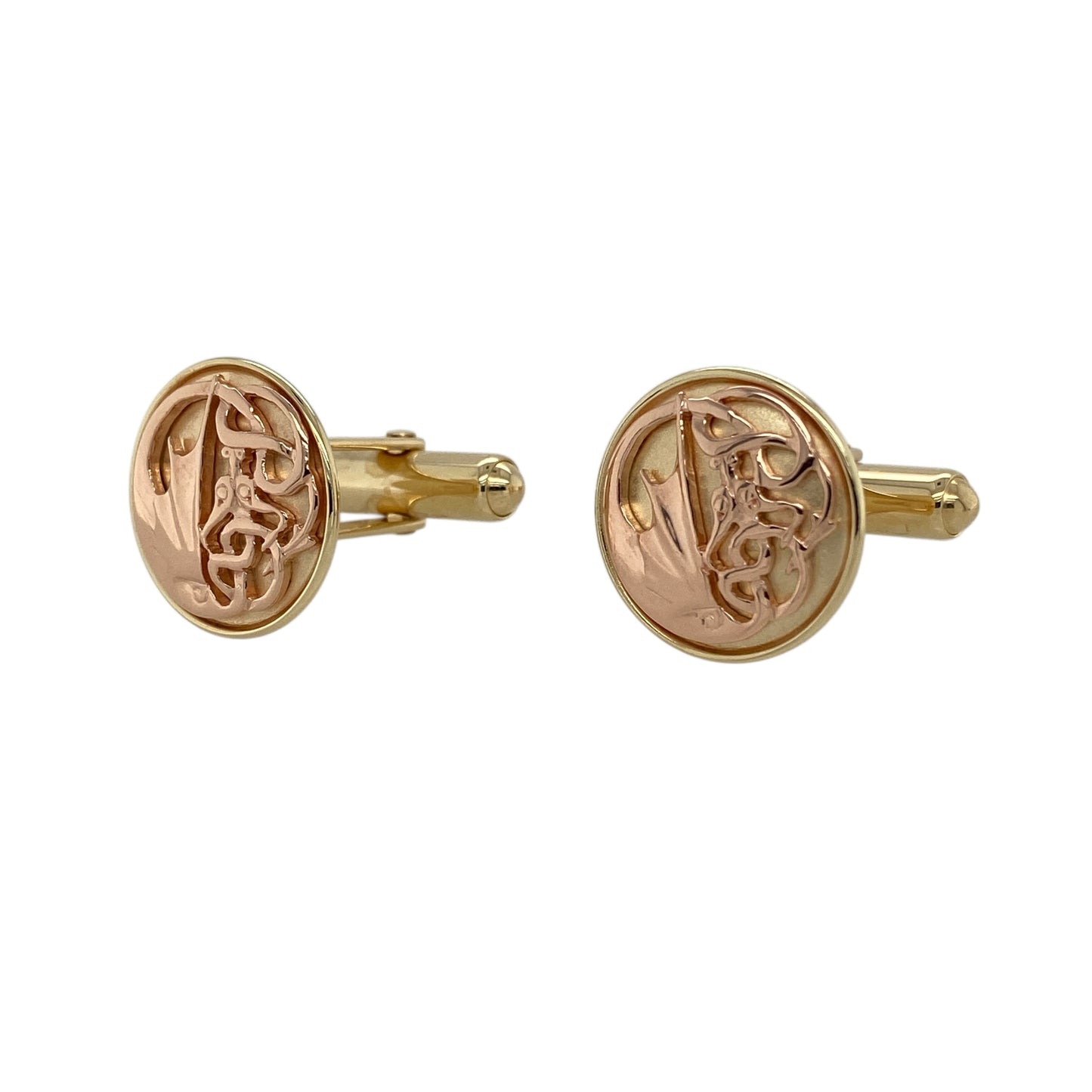 Add bold Welsh symbolism and refined two-tone style to your formalwear with these pre-owned 9ct yellow and rose gold Clogau dragon wing round cufflinks, offering striking design with heritage appeal—perfect for special occasions or distinguished everyday wear.

Design: The cufflinks feature a round design measuring approximately 15mm in diameter, showcasing the iconic dragon wing motif for a powerful and distinctive look.