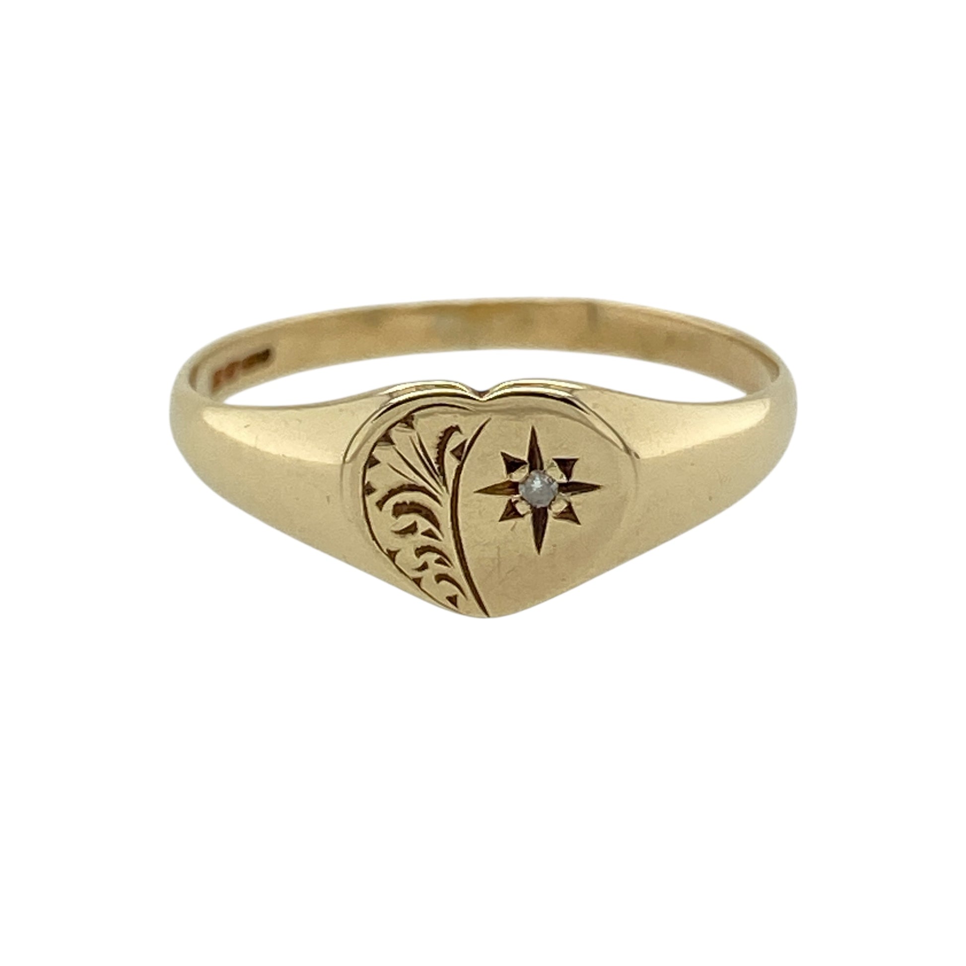 9ct Gold & Diamond Set Patterned Heart Signet Ring