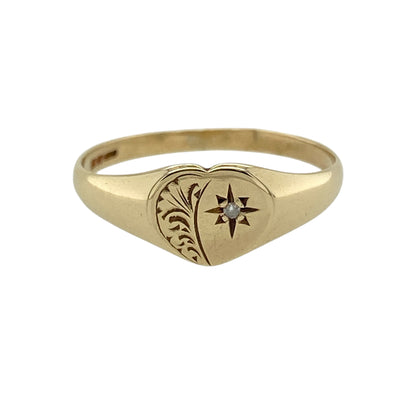 9ct Gold & Diamond Set Patterned Heart Signet Ring