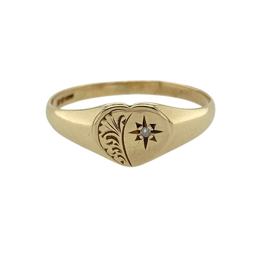 9ct Gold & Diamond Set Patterned Heart Signet Ring