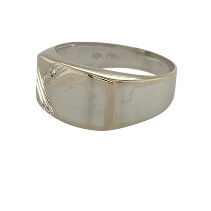 Add a refined and contemporary touch to your jewellery collection with this pre-owned 9ct white gold diamond signet ring, combining clean lines with subtle sparkle—ideal for everyday wear or a timeless statement piece.

Design: This signet ring features a classic rectangular-style front accented with diamonds, adding understated brilliance to the sleek and polished design.
Material: Made from 9-carat white gold, the cool-toned finish enhances the modern aesthetic and highlights the diamond detailing.