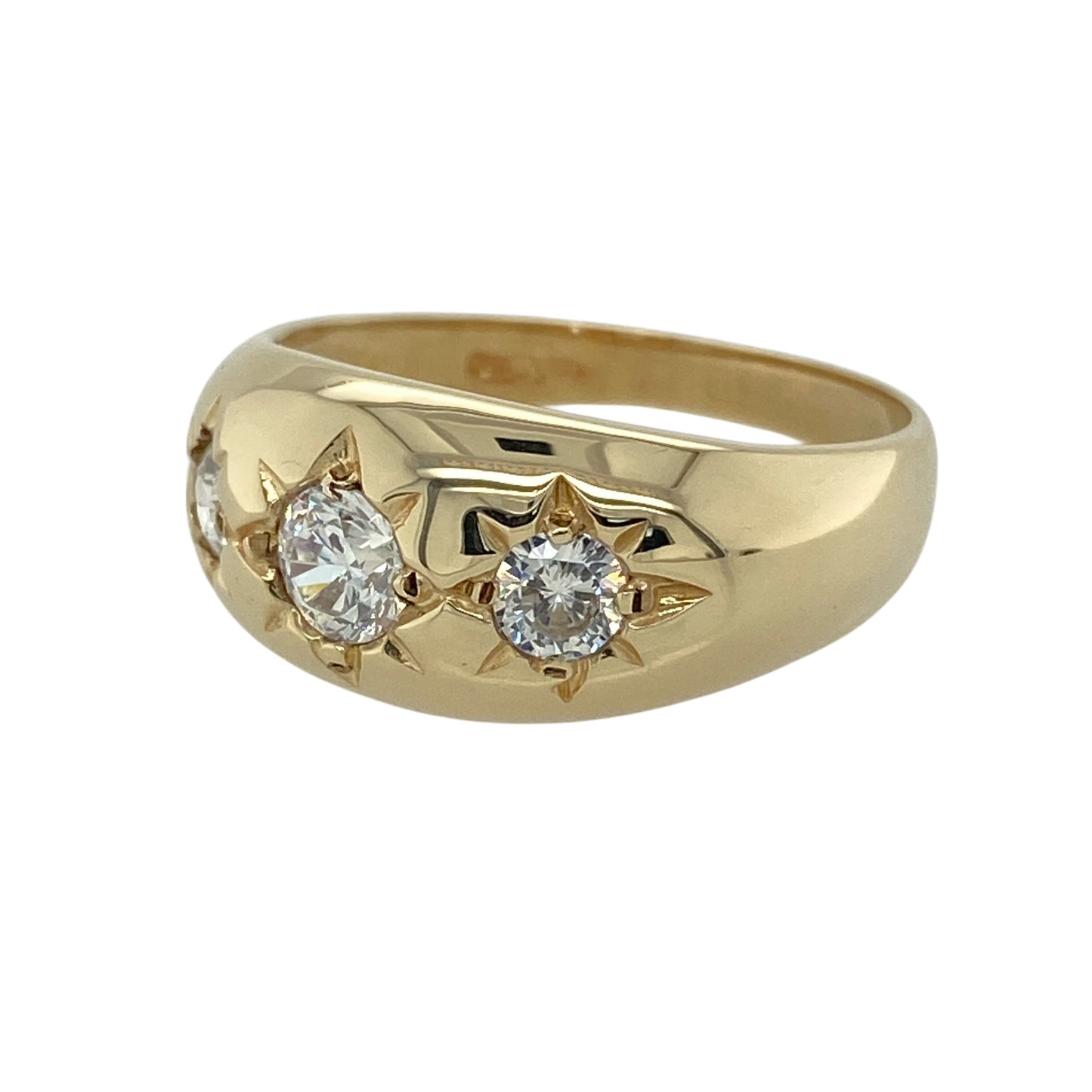 Add bold sparkle and classic appeal to your jewellery collection with this pre-owned 9ct yellow gold cubic zirconia trilogy signet ring, combining traditional styling with eye-catching brilliance—perfect for statement wear or everyday elegance.

Design: This signet-style ring features a trilogy arrangement of cubic zirconia, with a larger central stone measuring approximately 5mm in diameter, flanked by two side stones each measuring around 4mm in diameter, creating a balanced and striking front.