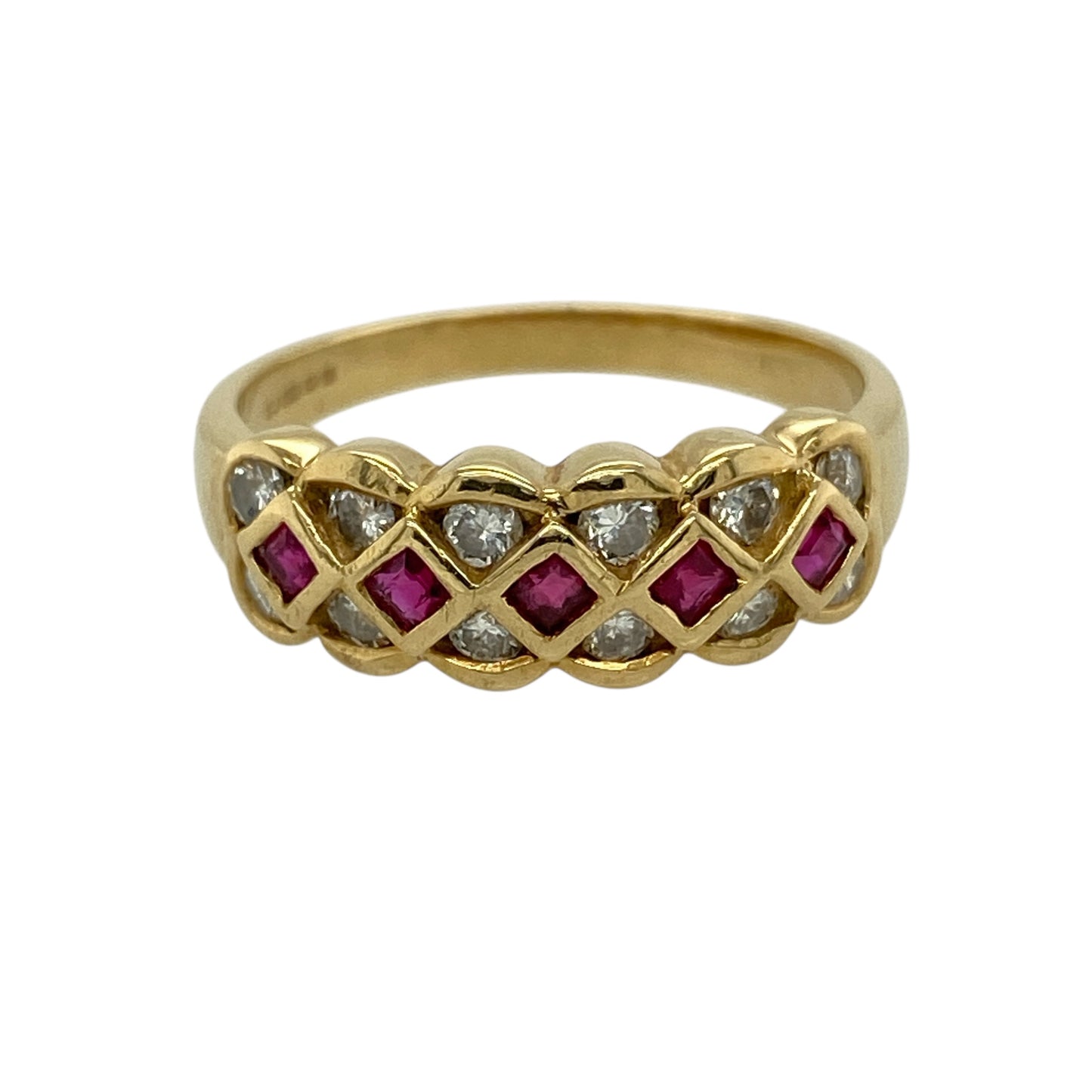 18ct Gold Diamond & Ruby Set Lattice Design Band Ring