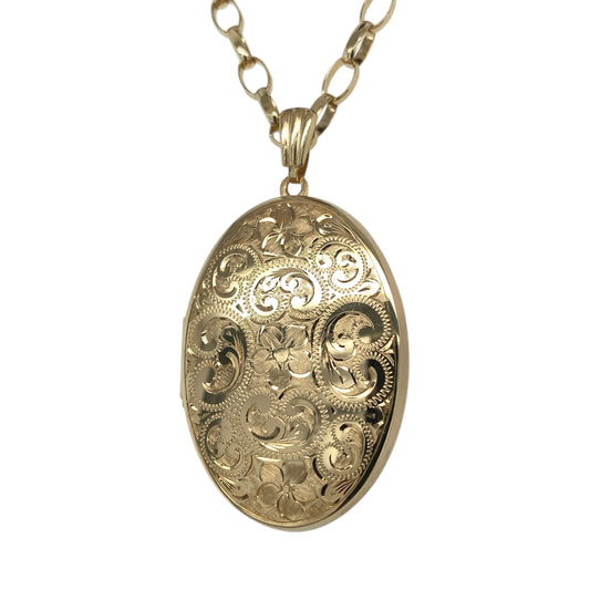 9ct Gold Patterned Oval Locket 24" Necklace