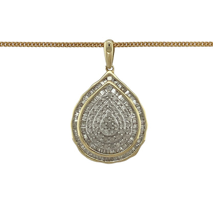 Add elegant sparkle and refined shape to your jewellery collection with this pre-owned 9ct yellow gold diamond teardrop cluster pendant necklace, offering classic design with eye-catching brilliance.

Design: This pendant features a teardrop-shaped cluster design, combining tapered baguette and brilliant cut diamonds to create depth, contrast, and striking sparkle. Measuring approximately 3cm in length including the bail, it forms an elegant focal point when worn.