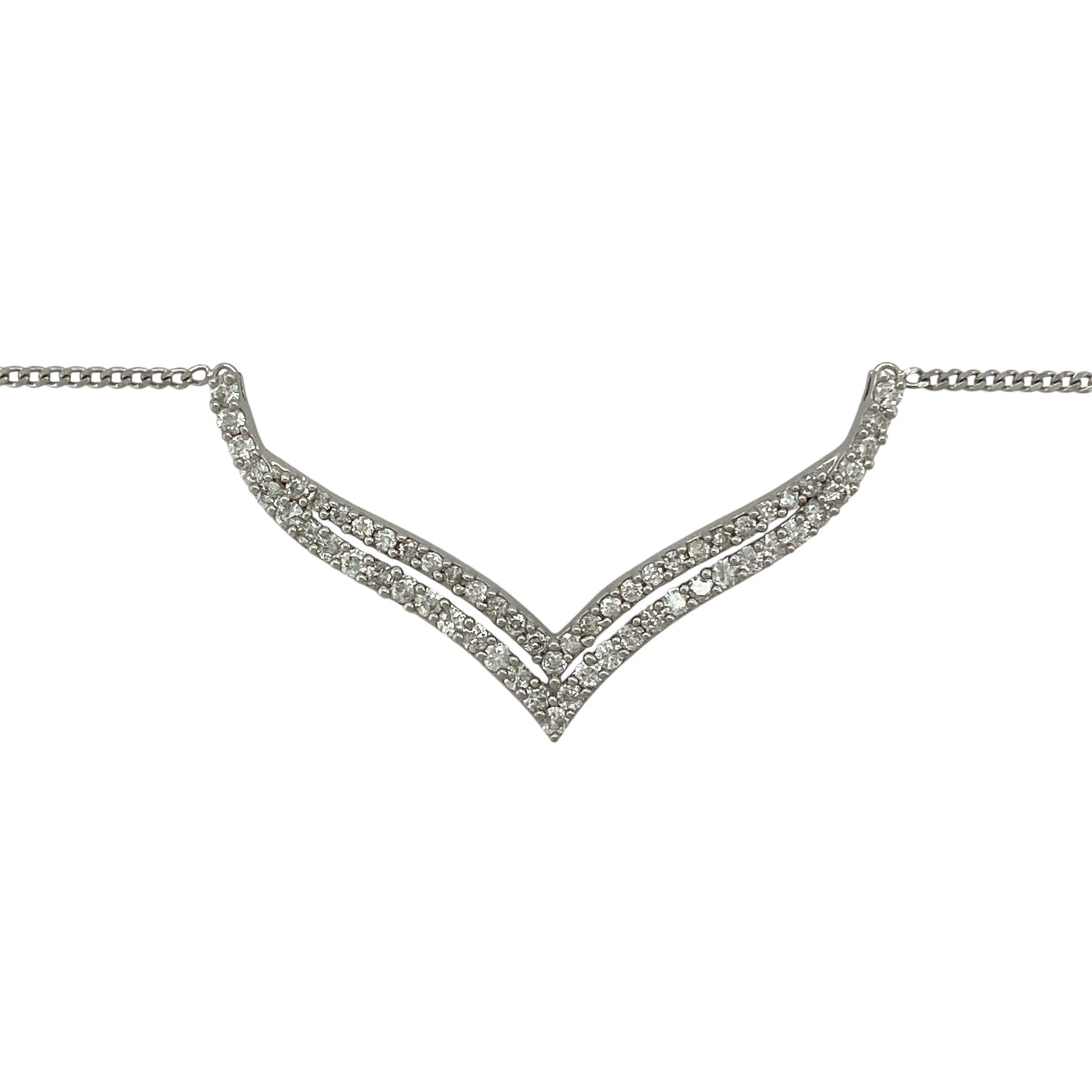 Add elegant sparkle and contemporary style to your jewellery collection with this pre-owned 9ct white gold diamond wishbone necklace, offering refined detail with a versatile, adjustable fit.

Design: This necklace features a wishbone-shaped pendant with a double row design, accented with diamonds that add subtle brilliance and a graceful, modern look.
Material: Made from 9-carat white gold, the cool polished finish enhances the clean lines of the wishbone shape and complements the sparkle of the diamonds.