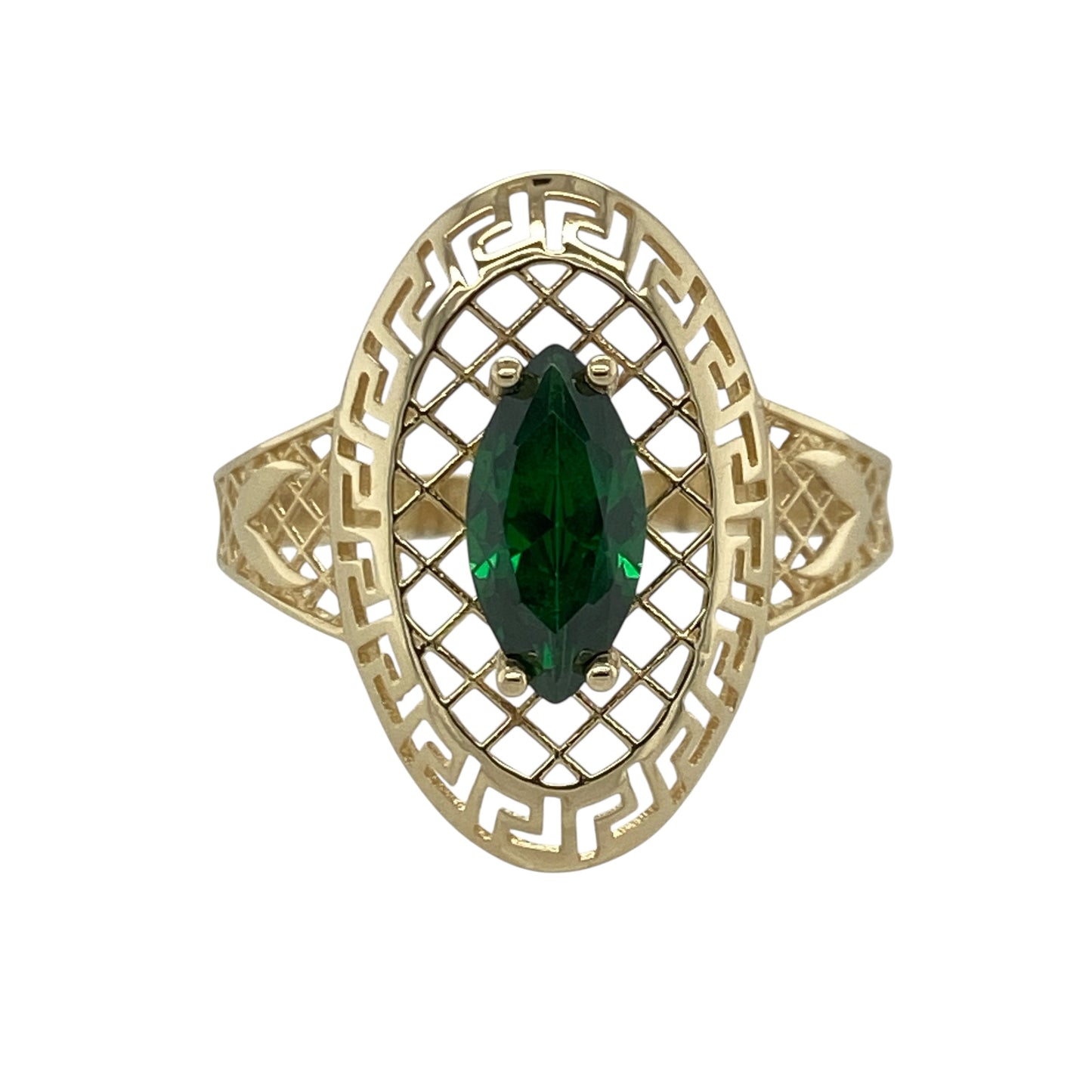 14ct Gold & Green Stone Set Patterned Ring