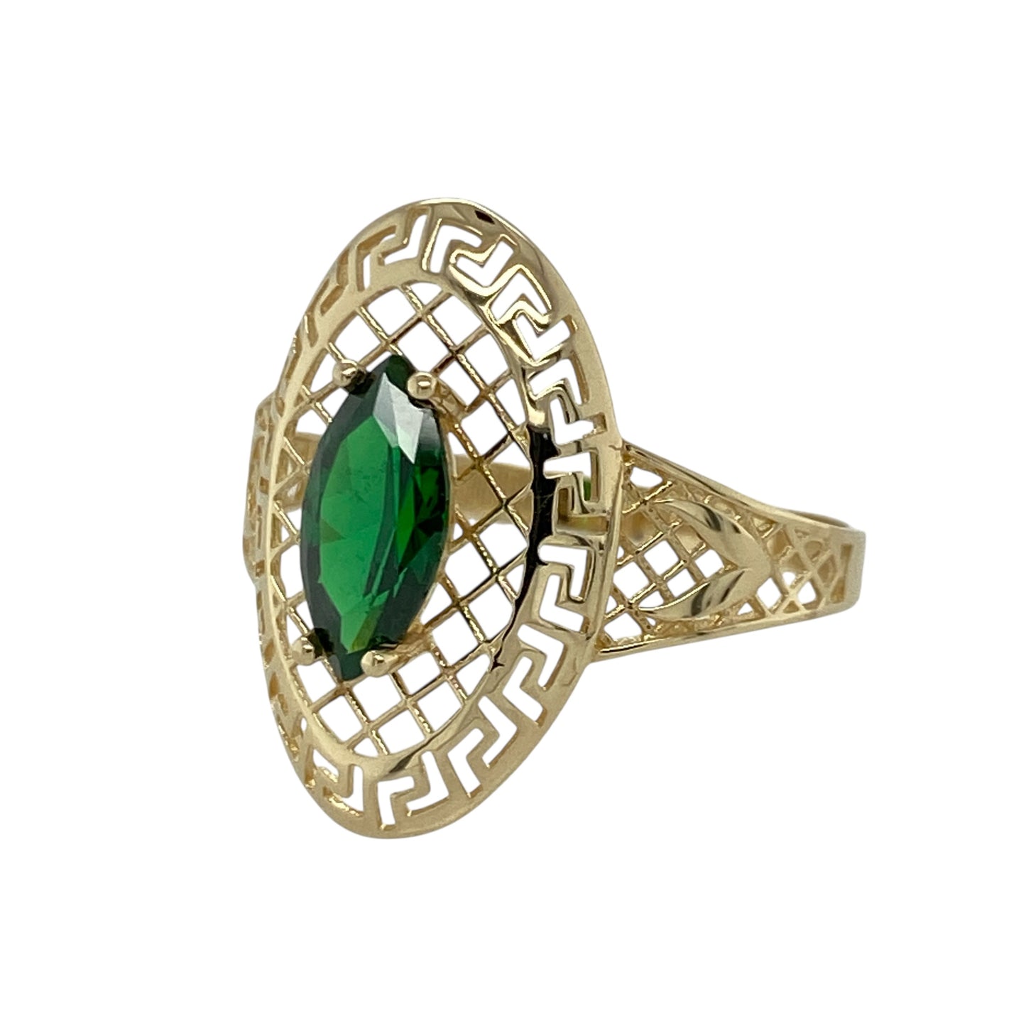 Add bold colour and classical inspiration to your jewellery collection with this pre-owned 14ct yellow gold green stone Greek key lattice ring, offering distinctive design with timeless character.

Design: This ring features an open Greek key lattice pattern across the band, creating an airy and decorative look. A marquise cut green stone measuring approximately 10mm by 5mm forms a striking focal point at the centre.