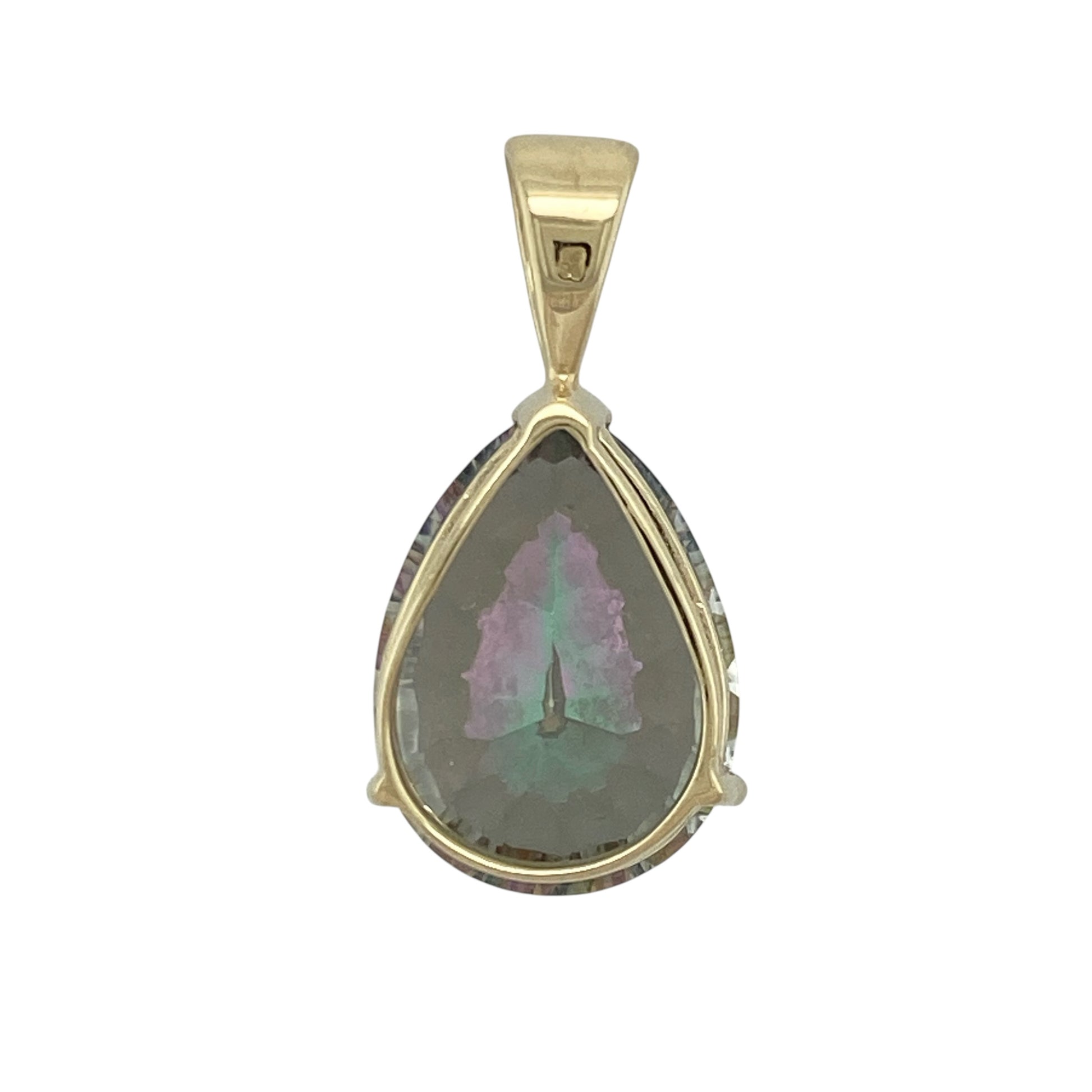Add vibrant colour and striking elegance to your jewellery collection with this pre-owned 9ct yellow gold mystic topaz teardrop pendant, offering eye-catching sparkle with a bold, graceful form.

Design: This pendant features a large teardrop-shaped mystic topaz measuring approximately 2cm by 1.5cm, displaying captivating flashes of colour that shift beautifully in the light.
Material: Made from 9-carat yellow gold, the warm polished finish perfectly complements the iridescent tones of the mystic topaz.