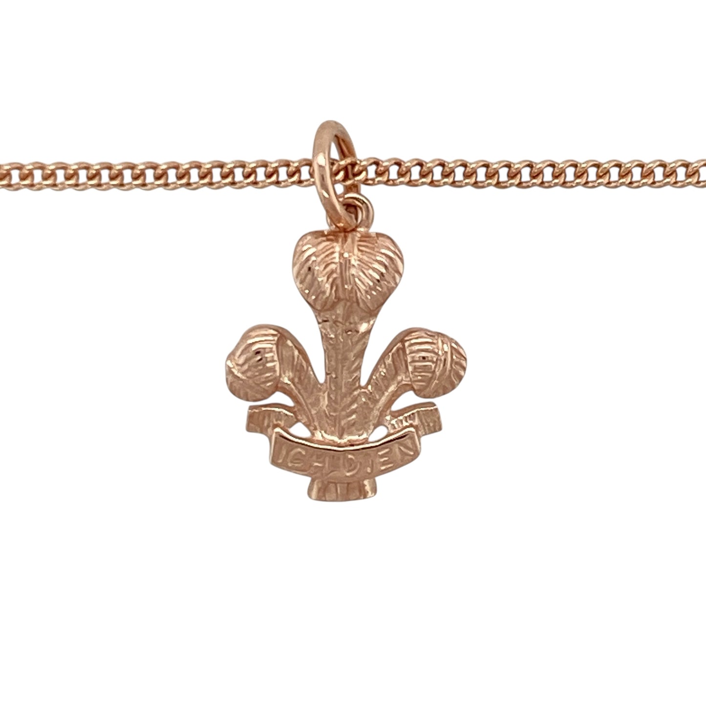 Add symbolic heritage and warm rose gold tones to your jewellery collection with this pre-owned 9ct rose gold Welsh three feathers pendant necklace, offering timeless design with meaningful character.

Design: This pendant features the iconic Welsh three feathers motif, a symbol closely associated with Welsh heritage and tradition. The pendant measures approximately 2.2cm in length including the bail, creating a refined yet noticeable focal point.