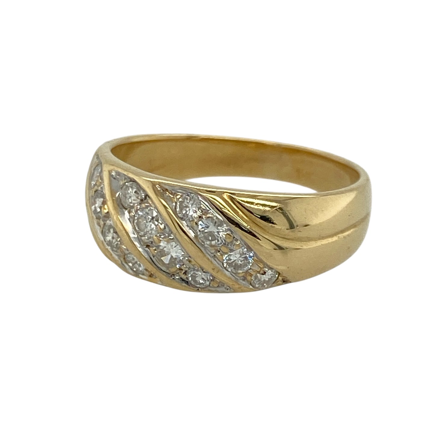 Add bold sparkle and elegant movement to your jewellery collection with this pre-owned 9ct yellow gold diamond band ring, offering eye-catching design with refined brilliance.

Design: This band ring features three rows of diamonds arranged diagonally across the front, creating a dynamic and flowing look that draws the eye. The front of the band measures approximately 7mm in width, giving the ring a confident and elegant presence.