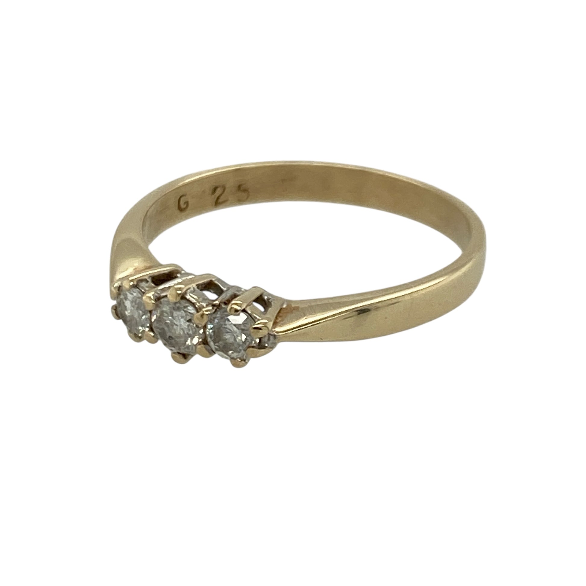 Add timeless sparkle and elegant meaning to your jewellery collection with this pre-owned 18ct yellow gold diamond trilogy ring, offering classic design with refined brilliance.

Design: This ring features a traditional trilogy arrangement, with three diamonds displayed across the front to create a balanced and elegant focal point.
Material: Made from luxurious 18-carat yellow gold, the warm polished finish beautifully complements the sparkle of the diamonds and enhances the classic styling.
