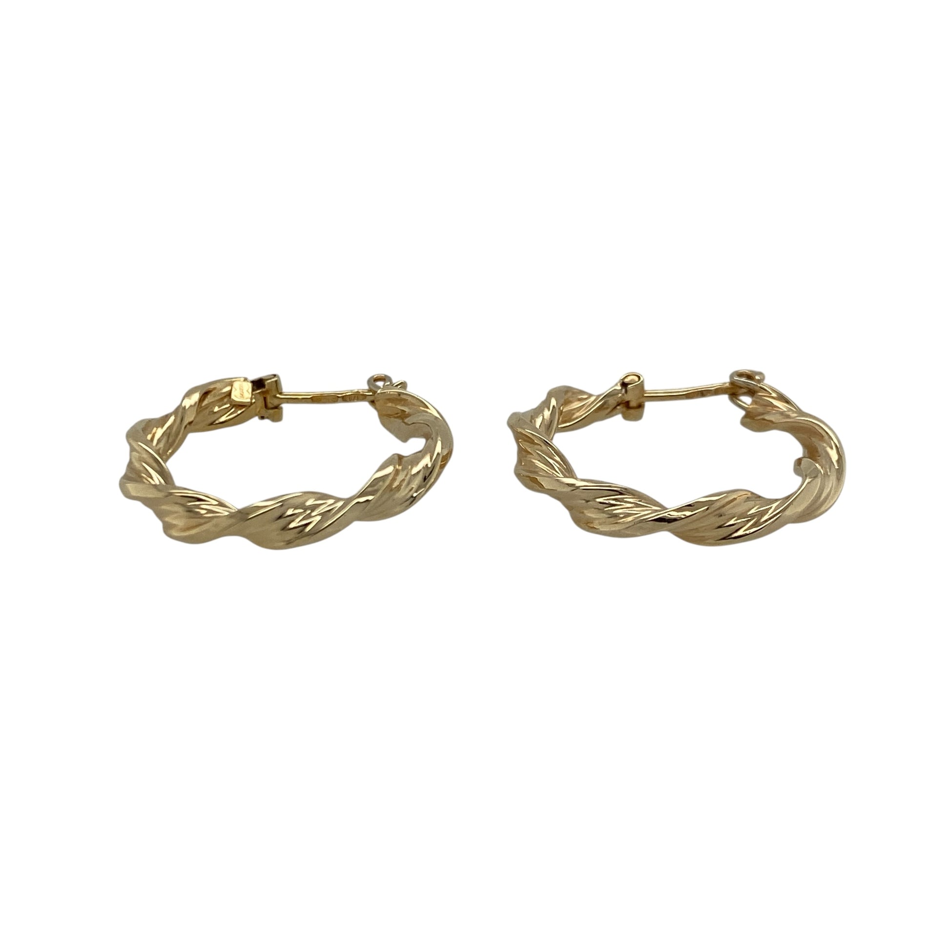 Add classic texture and timeless elegance to your jewellery collection with this pre-owned 9ct yellow gold twisted hoop creole earrings, offering refined detail with everyday appeal.

Design: These creole earrings feature a twisted hoop profile, creating subtle depth and visual interest while maintaining a traditional and versatile silhouette.
Material: Made from 9-carat yellow gold, the warm polished finish enhances the twisted detailing and gives the earrings lasting charm.
