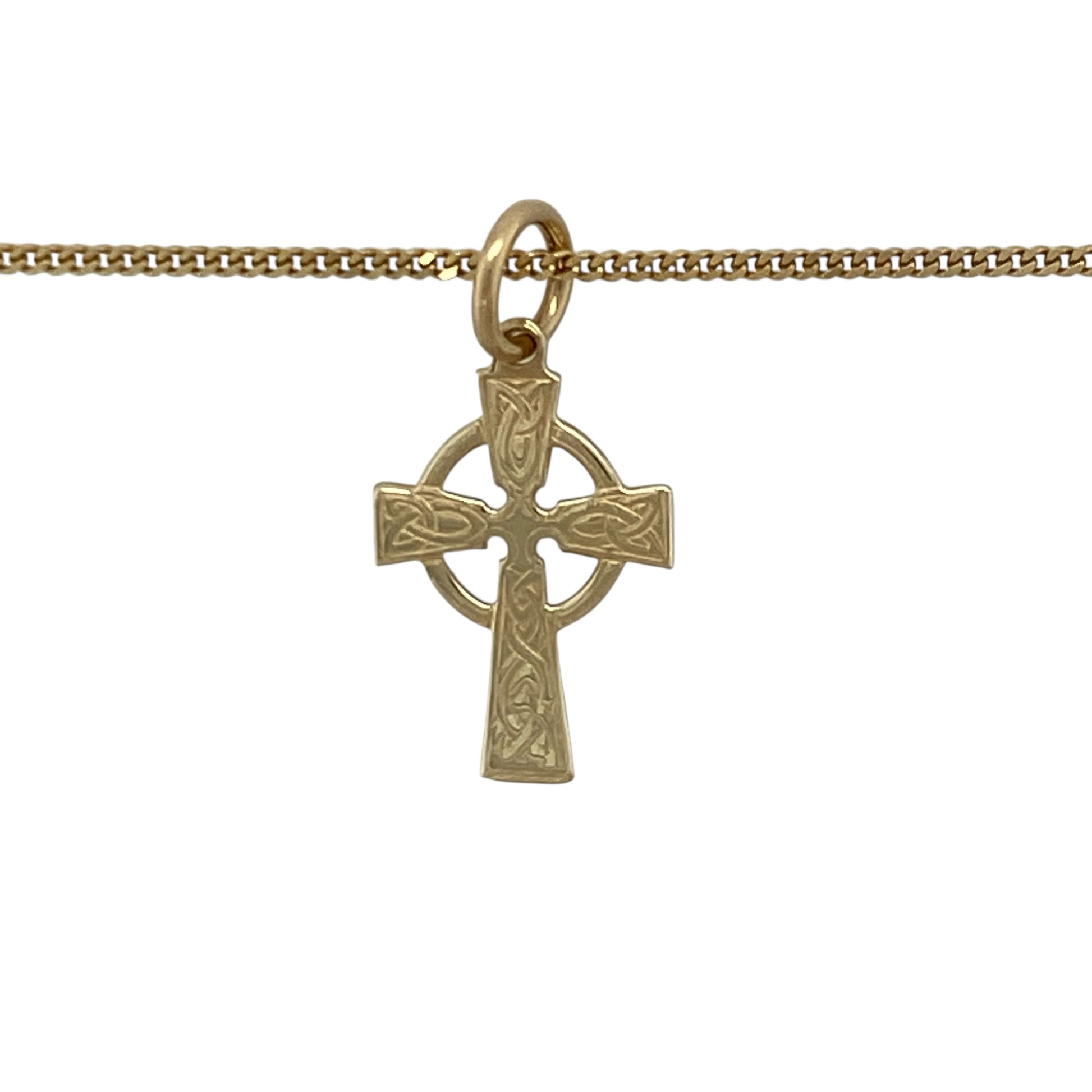 Add symbolic heritage and timeless detail to your jewellery collection with this pre-owned 9ct yellow gold patterned Celtic cross necklace, offering classic design with meaningful character.

Design: This pendant features a Celtic cross motif with patterned detailing, creating a distinctive and decorative look rooted in tradition. The pendant measures approximately 2.3cm in length including the bail, giving it a refined yet noticeable presence.