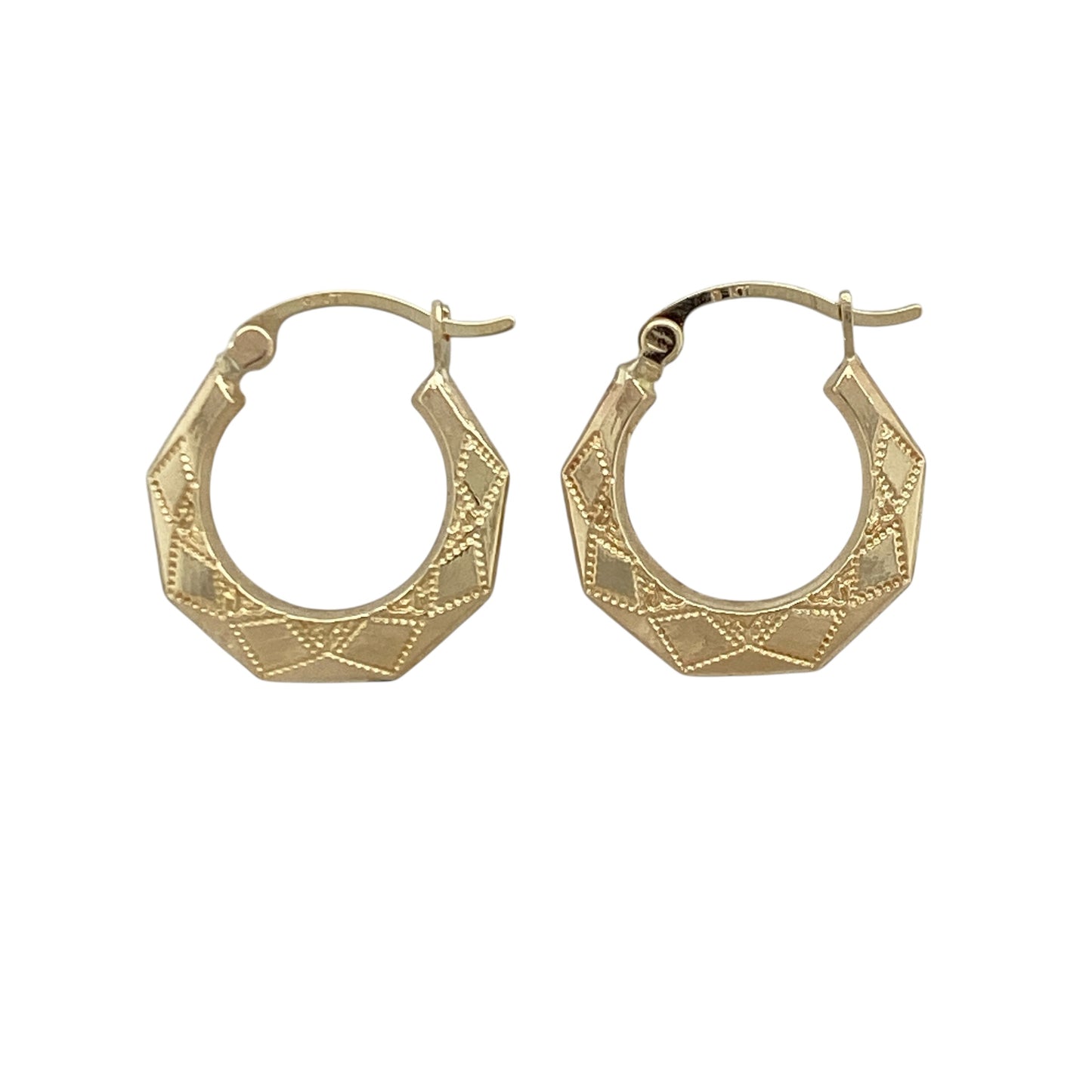 9ct Gold Patterned Hexagon Creole Earrings