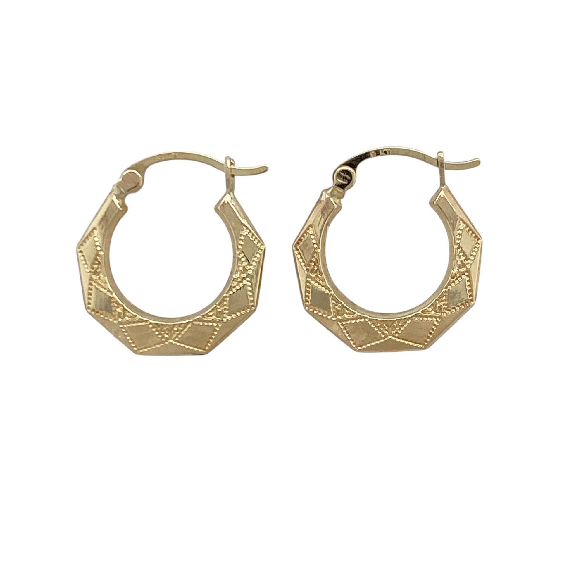 9ct Gold Patterned Hexagon Creole Earrings