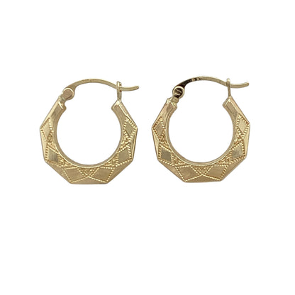 9ct Gold Patterned Hexagon Creole Earrings
