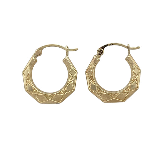 9ct Gold Patterned Hexagon Creole Earrings