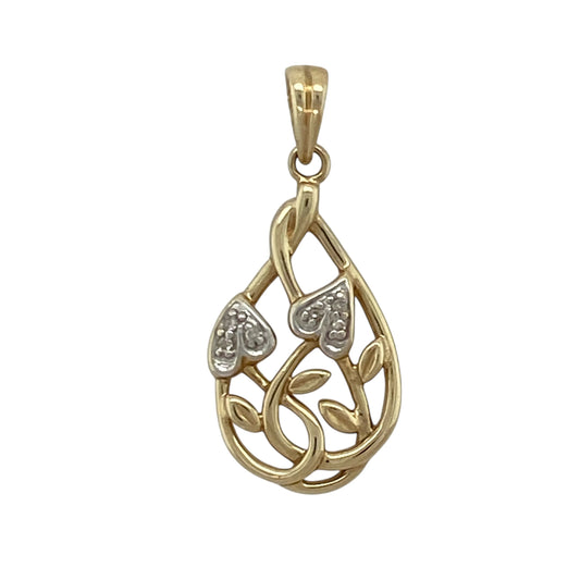 9ct Gold & Diamond Set Vine Teardrop Shaped Pendant
