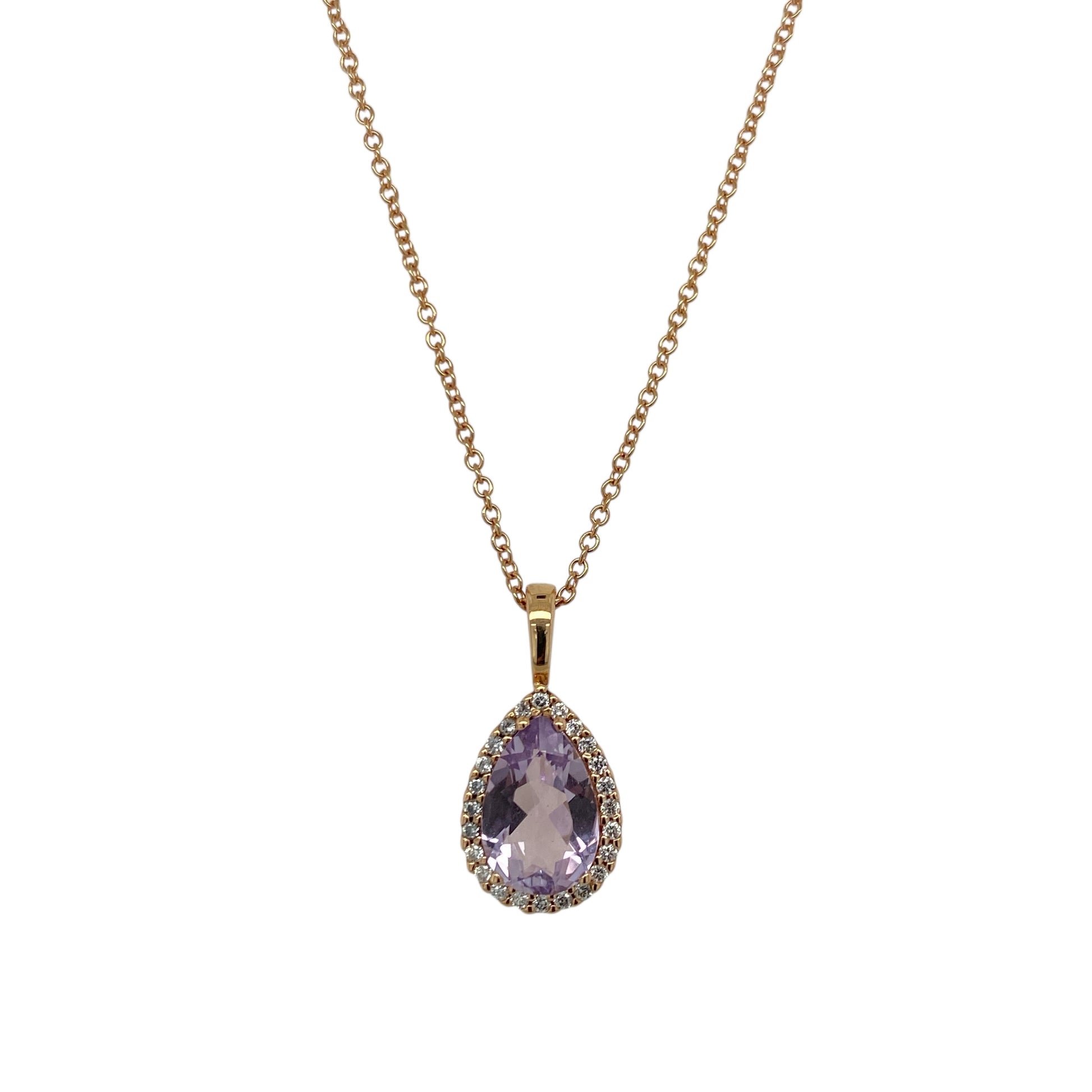 18ct Gold Diamond & Amethyst Set Teardrop 18" Necklace
