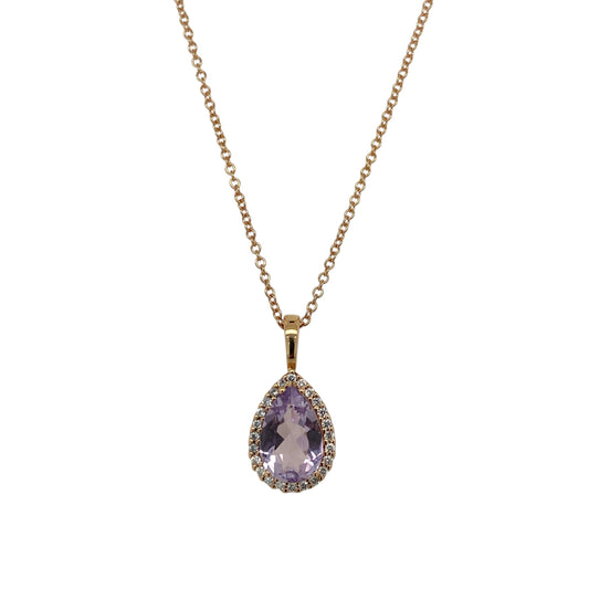 18ct Gold Diamond & Amethyst Set Teardrop 18" Necklace