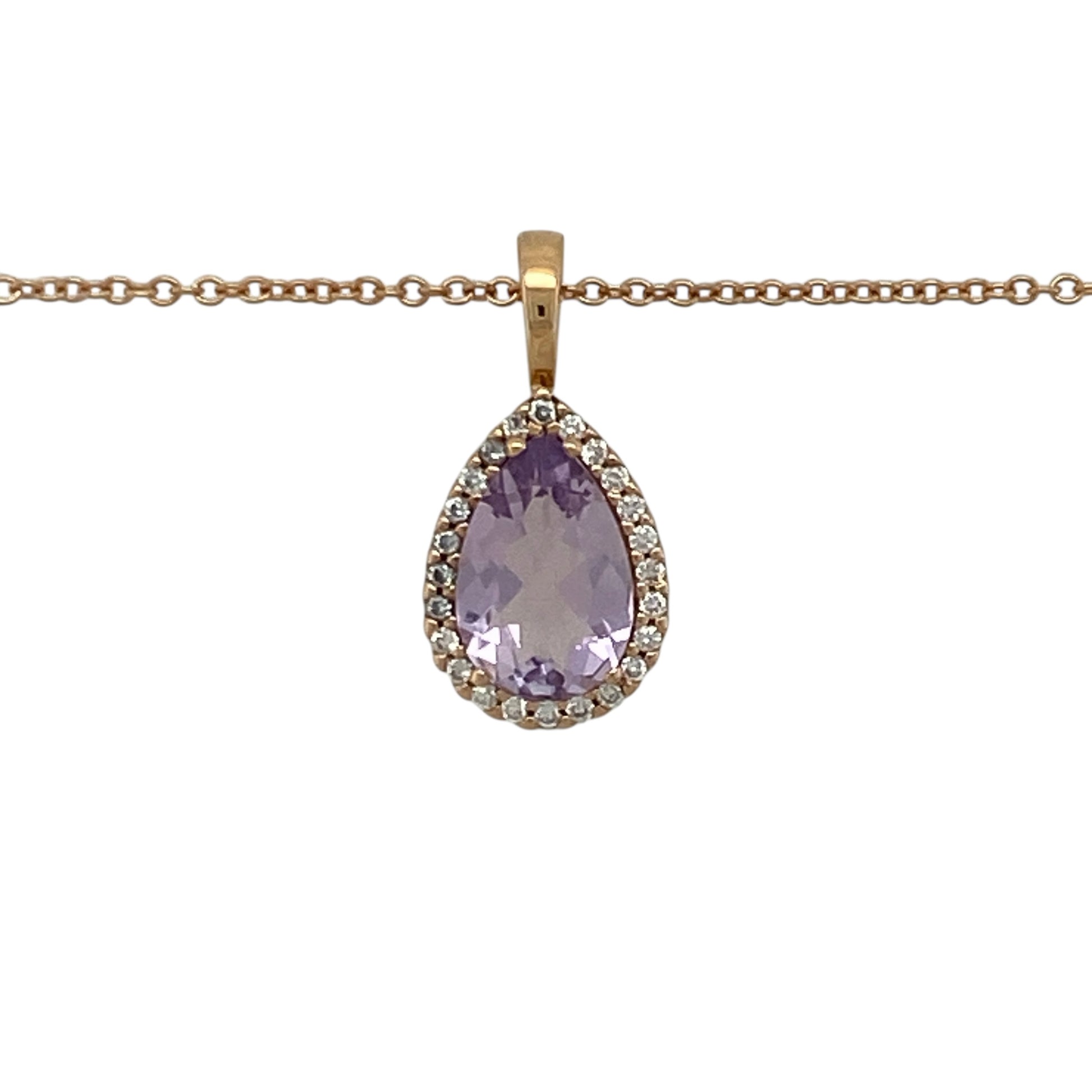 Add warm tones and elegant sparkle to your jewellery collection with this pre-owned 18ct rose gold diamond and amethyst teardrop pendant necklace, combining romantic colour with timeless design. Perfect for special occasions or refined everyday wear.

Design: The pendant measures approximately 1.7cm in length including the bail and features a 9mm by 6mm teardrop-shaped amethyst at its centre.