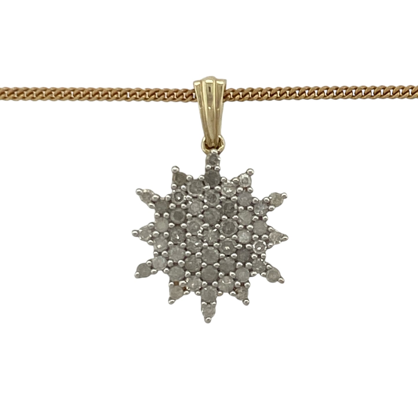 Add timeless sparkle to your jewellery collection with this pre-owned 9ct yellow gold diamond set cluster pendant necklace, offering classic brilliance and elegant presence. A versatile piece perfect for both everyday wear and special occasions.

Design: The pendant measures approximately 2.4cm in length including the bail and features a striking diamond cluster formation.