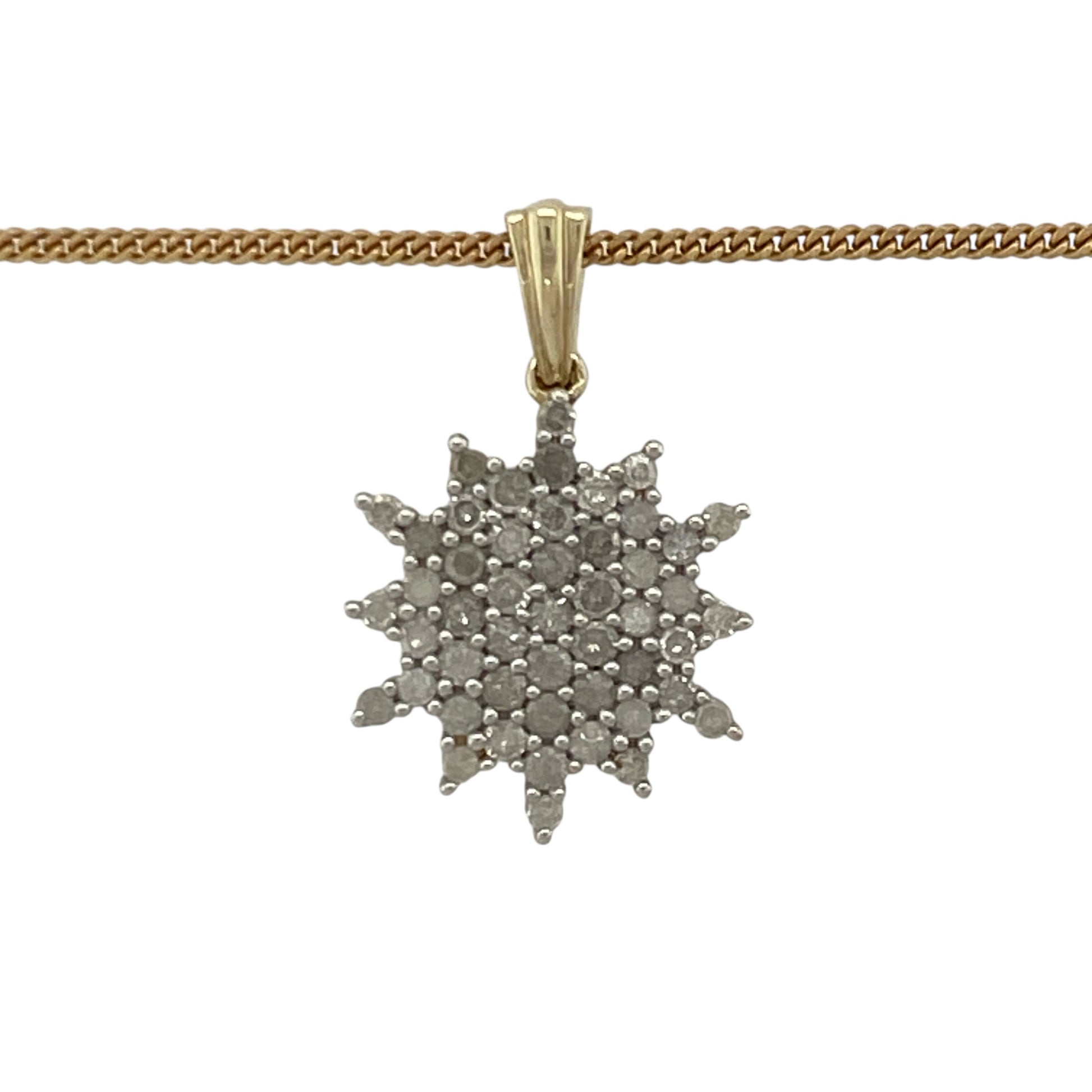 Add timeless sparkle to your jewellery collection with this pre-owned 9ct yellow gold diamond set cluster pendant necklace, offering classic brilliance and elegant presence. A versatile piece perfect for both everyday wear and special occasions.

Design: The pendant measures approximately 2.4cm in length including the bail and features a striking diamond cluster formation.