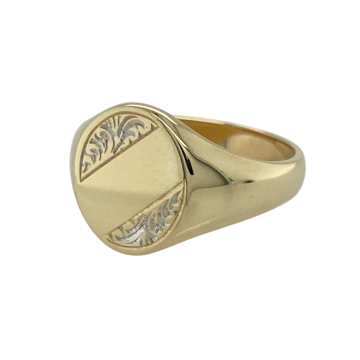 Make a bold statement with this pre-owned 9ct yellow and white gold patterned oval signet ring, combining classic heritage styling with eye-catching two-tone detail. A distinctive piece ideal for everyday wear or as a standout addition to any jewellery collection.

Design: The ring features a traditional oval signet face measuring approximately 14mm high, offering strong finger coverage and presence.