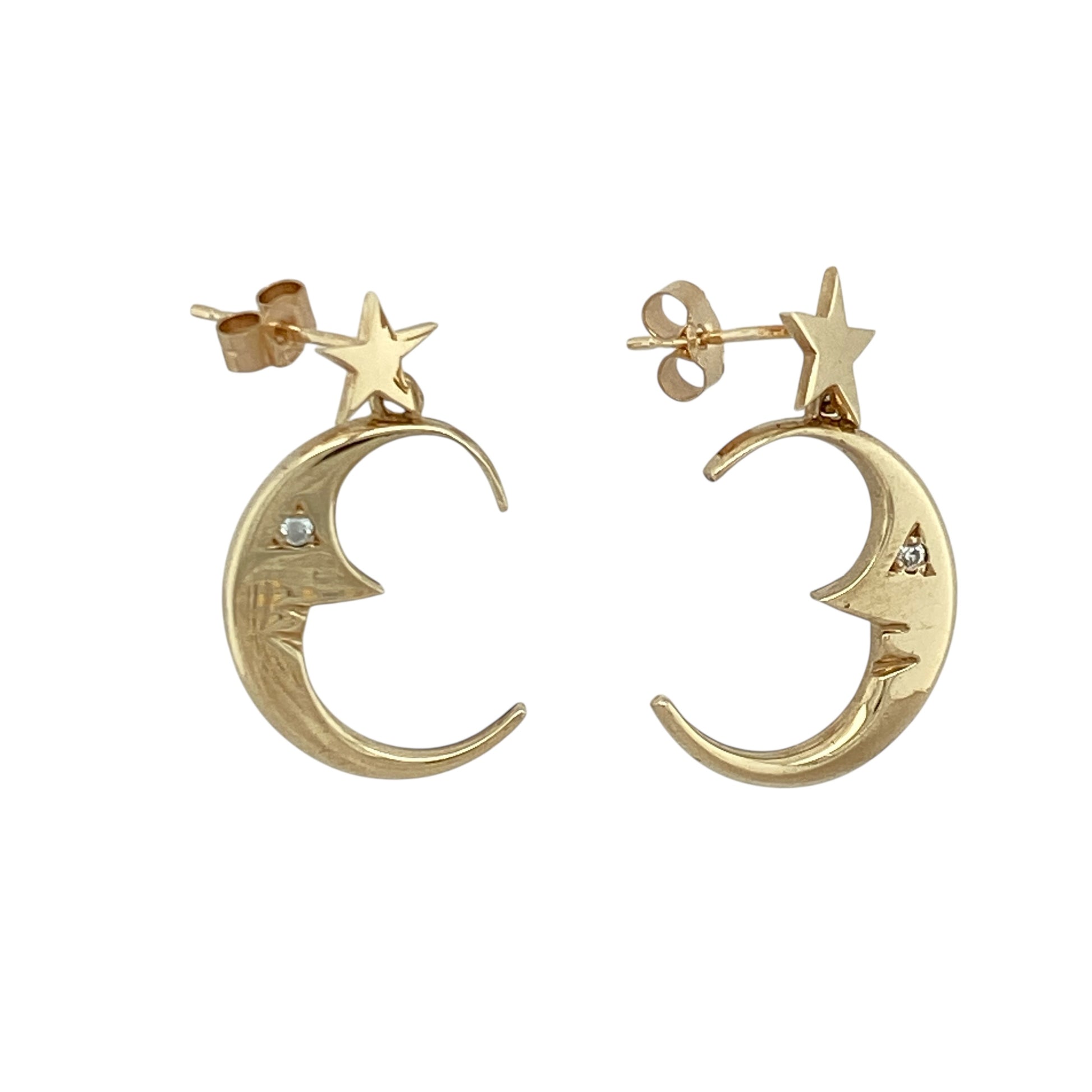 9ct Gold & Cubic Zirconia Set Crescent Moon and Star Drop Earrings