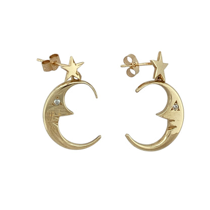 9ct Gold & Cubic Zirconia Set Crescent Moon and Star Drop Earrings