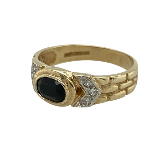 Add distinctive style to your jewellery collection with this pre-owned 9ct yellow and white gold sapphire and cubic zirconia set watch style band ring, combining bold design with vibrant colour and sparkle. A unique piece perfect for making a statement.

Design: The ring features a 7mm by 5mm oval-cut sapphire as its centrepiece, set within a watch style band design that creates a structured and eye-catching profile.